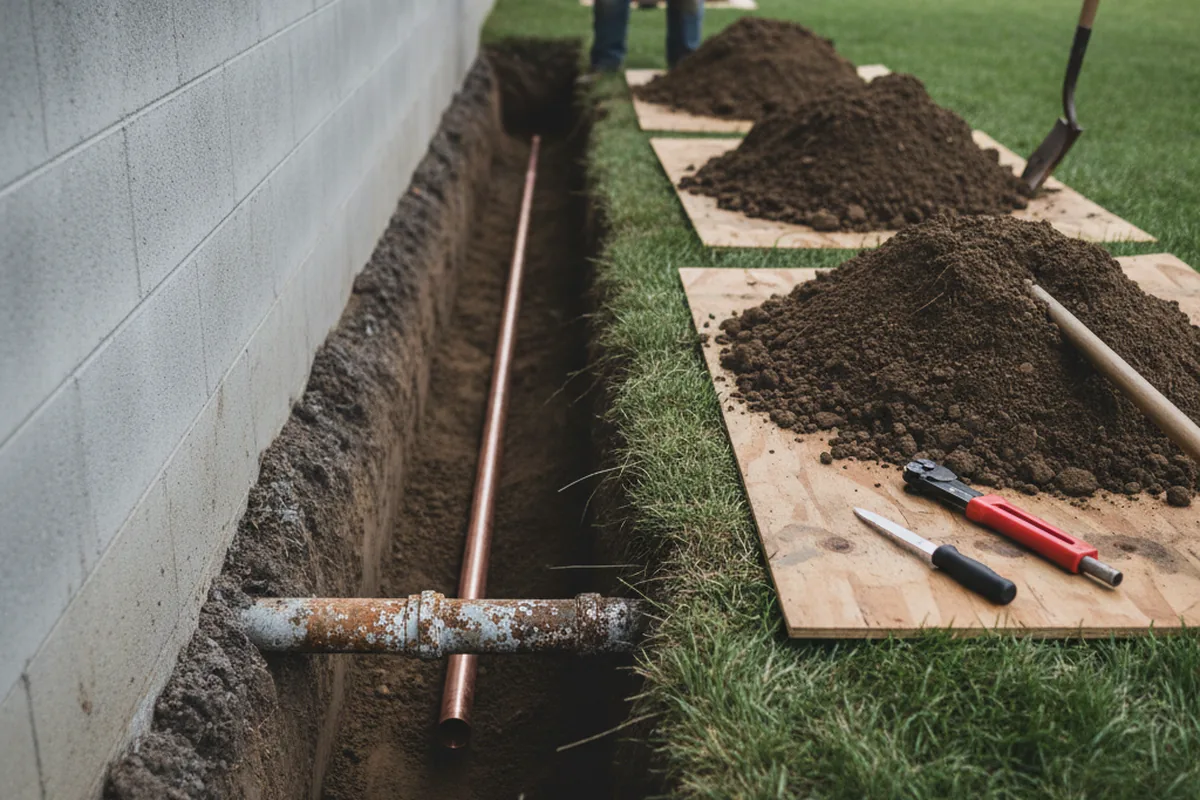 Excavated water line trench during Water Softener Installation in Thatcher